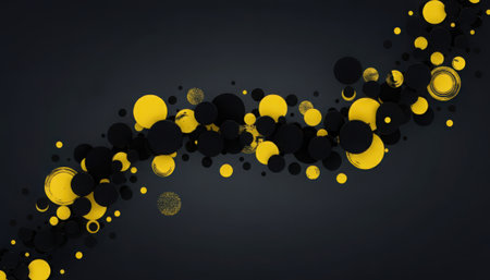 This visually engaging abstract composition features numerous small, spherical particles arranged in a dynamic, undulating wave pattern. The spheres are predominantly colored in vibrant yellow and deep black, creating a striking contrast against a dark, muted background. The arrangement suggests movement and flow, with the yellow spheres appearing to glow subtly, adding depth and energy to the design. This contemporary digital artwork could serve as an elegant backdrop for presentations, websites, or various creative projects requiring a sophisticated and energetic visual element. It evokes a sense of technological flow, data streams, or simply a contemporary aesthetic.の素材