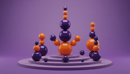 A striking digital artwork featuring a balanced arrangement of glossy purple and vibrant orange spherical objects. These geometric forms are stacked into totem-like columns on a tiered, pixelated circular platform, set against a soft violet backdrop. The composition evokes themes of structure, balance, and modern design.の素材