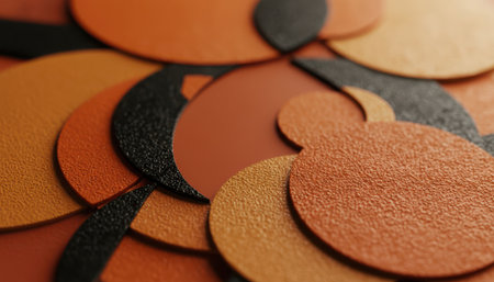 A close-up view of numerous overlapping circular shapes, presenting a rich tapestry of textures and colors. The discs vary in size and are predominantly in warm, earthy tones such as terracotta, burnt orange, and various shades of brown, interspersed with contrasting darker, almost black, elements. Many of the circles exhibit a distinct granular or pebbled texture, while others appear smoother, creating visual depth and interest. The arrangement is random yet harmonious, forming an intriguing pattern suitable for backgrounds, textile designs, or artistic concepts. The shallow depth of field gently blurs some elements, enhancing the overall artistic feel of the composition.の素材