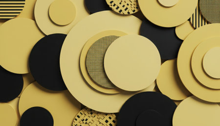 A close-up view of an abstract pattern featuring numerous overlapping circles and rings. The design showcases a sophisticated palette of golden yellow and deep black, creating a sense of depth and geometric harmony. Some elements have subtle textured details.の素材