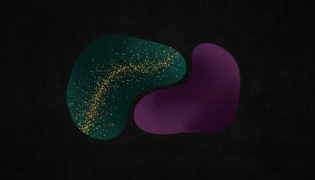 Two abstract, intertwined, bean-shaped forms against a black backdrop. One is teal and filled with numerous small, luminous yellow particles, while the other is smooth purple, suggesting a biological or scientific interaction.の素材