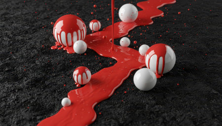A close-up view of vibrant red liquid flowing and dripping over a collection of smooth white spheres of varying sizes. The liquid creates an irregular path across a dark, textured surface, with some spheres partially covered by the crimson stream.の素材