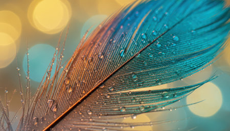 A close-up view of a vibrant feather, transitioning from warm orange to cool blue and green tones. It is adorned with numerous tiny water droplets, creating a shimmering effect. The background features soft, out-of-focus golden lights, creating a bokeh effect that adds depth and an ethereal feel to the composition.の素材