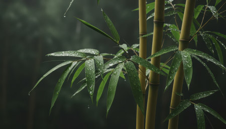 A close-up view of lush green bamboo plants during a gentle rain shower. Numerous glistening water droplets cling to the surface of the broad leaves and sturdy yellow-green stalks, reflecting the soft, diffused light. The background is softly blurred, emphasizing the freshness and vibrant details of the foliage in the foreground. This natural setting evokes a sense of calm, renewal, and ecological beauty, showcasing plant life invigorated by precipitation, perfect for themes of growth, environment, and tranquility.の素材