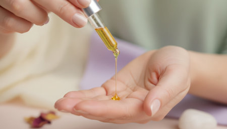 This clear depiction shows a hand receiving drops of a golden liquid from a pipette. The scene focuses on the meticulous application of a skin care product, possibly a facial oil or serum, highlighting a moment of personal care.の素材