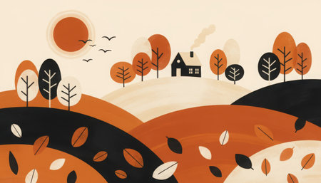 A stylized illustration of an autumn rural landscape. A small cabin with smoke from its chimney rests on a gentle hill, surrounded by trees with seasonal foliage. Warm orange sun and birds are in the sky above rolling terrain with scattered leaves.の素材