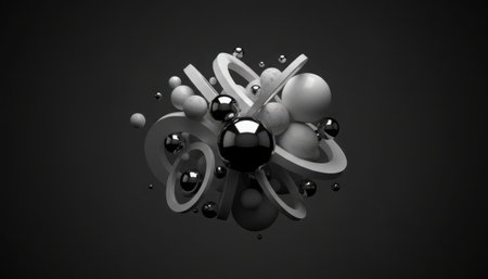A visually complex, digitally rendered abstract composition featuring a cluster of varied three-dimensional shapes. It includes smooth spheres, elongated twisting forms, and organic blobs, all presented in a monochromatic grayscale palette with reflective surfaces, set against a dark background.の素材
