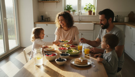 A cheerful family of four, consisting of a mother, father, and two young children (a girl and a boy), are gathered around a wooden dining table in a brightly lit kitchen. Sunlight streams in from a large window, illuminating the scene. They are enjoying a healthy breakfast spread with fresh fruit, pancakes, and drinks. The parents are smiling and interacting with their children, showcasing a happy and engaged family moment. The kitchen has a modern, clean aesthetic.の素材