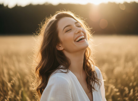 A radiant young woman with flowing, curly brown hair is captured in a moment of pure joy, laughing wholeheartedly with her head tilted back and eyes closed in blissful contentment. She stands amidst a vast field of golden, ripe grains, likely wheat, bathed in the warm, ethereal glow of a setting sun. The scene is illuminated by beautiful backlight, creating a halo effect around her hair and shoulders and casting soft, golden light across the landscape. Her light-colored attire complements the natural environment. This outdoor portrait evokes feelings of happiness, freedom, and an appreciation for nature's beauty during the golden hour. It portrays a serene and positive human experience.の素材
