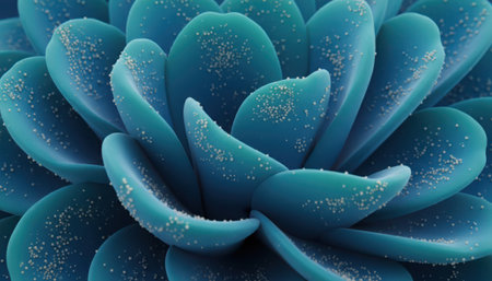 A detailed, close-up view of a succulent plant, featuring vibrant blue-green leaves arranged in a distinctive rosette pattern. The leaf surfaces are adorned with tiny, glistening particles, enhancing the plant's natural beauty and texture.の素材