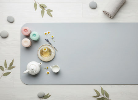 A calming overhead composition featuring a light grey rectangular mat on a white wooden surface. A white ceramic teapot and teacup, a cup of loose-leaf herbal tea, and three pastel macarons are neatly arranged. Small decorative pebbles and dried botanical elements complete the tranquil aesthetic.の素材