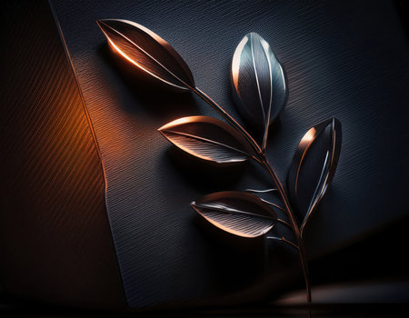 A close-up view of an intricate metallic leaf-like adornment with multiple leaves and a stem, appearing bronze or copper with hints of silvery sheen. It rests on a deeply textured, dark gray or black surface resembling stone or rough metal. A strong, warm orange light illuminates the left side of the composition, creating a soft glow that highlights surface textures and casts subtle shadows, while the remainder of the scene remains in cooler, subdued lighting. The overall aesthetic is dark, elegant, and atmospheric, emphasizing material contrast and tactile details.の素材