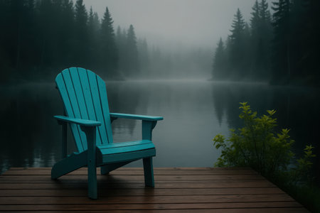 A vibrant teal Adirondack chair rests on a weathered wooden dock, overlooking a tranquil lake shrouded in a thick, ethereal fog. Dense evergreen trees line the distant shore, their forms softened by the mist. The serene scene evokes feelings of peace, solitude, and quiet reflection in nature's embrace.の素材