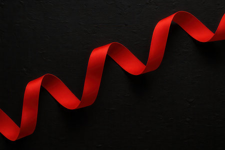 A vibrant red ribbon, likely satin or silk, is arranged in a wavy, serpentine pattern across a dark, matte surface. The material gently reflects light, emphasizing its smooth texture. The composition offers a simple yet striking contrast between the bright red and the deep black, creating a versatile visual element suitable for various design contexts, including festive occasions, packaging, or abstract backgrounds.の素材