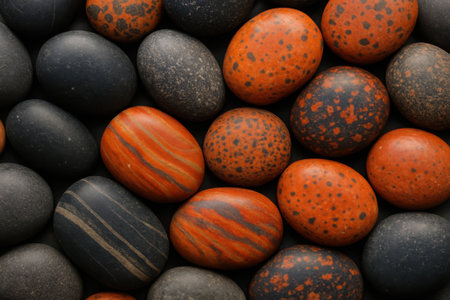 A close-up, overhead perspective showcases a dense collection of small, oval-shaped organic elements. The composition features a striking contrast between numerous vibrant orange and reddish-brown speckled elements and an equal number of dark, nearly black, and grey textured elements. Each element displays unique markings, including subtle speckles and delicate stripes, contributing to a rich, natural surface pattern. The tightly packed arrangement creates a uniform and detailed backdrop, suitable for themes of nature, food, growth, and natural diversity.の素材