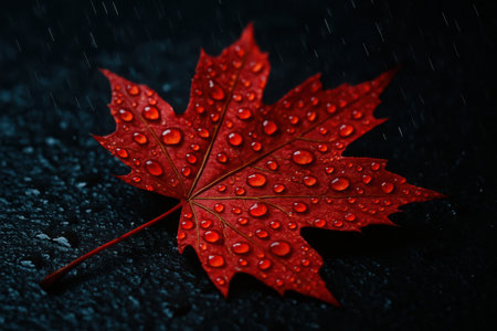 A close-up view reveals a strikingly vibrant crimson maple leaf, resplendent with numerous glistening water droplets. Each bead of water catches the light, creating a sparkling effect across the leaf's textured surface. The rich red hue of the foliage stands in stark contrast against a muted, dark background, which appears slightly wet and reflective, suggesting a recent rainfall or morning dew. The intricate veins of the leaf are subtly visible beneath the water, adding depth and organic detail to the composition. This scene beautifully encapsulates the essence of autumn, highlighting the delicate splendor and refreshing atmosphere of the natural world after a shower. The focus is sharp on the leaf, emphasizing its color and the sparkling moisture.の素材