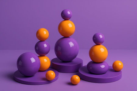 A visually striking composition featuring glossy violet and matte orange spheres arranged in balanced stacks on textured purple circular pedestals. The minimalist scene is set against a solid violet backdrop, creating a modern, clean, and abstract aesthetic. Various size orbs are carefully positioned, some standing tall, others resting on the surface. This artistic arrangement emphasizes contrast and equilibrium, making it suitable for creative projects and contemporary visual themes.の素材