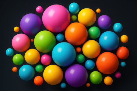 A collection of vivid, brightly colored spheres of various sizes, arranged closely on a deep, dark surface. The smooth, glossy textures and reflective surfaces of the pink, blue, green, yellow, orange, and purple orbs create an eye-catching, playful visual. The contrasting background makes the colors pop.の素材