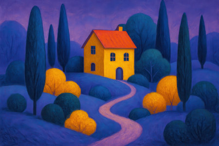 A vibrant, stylized illustration depicting a tranquil Tuscan-inspired night scene. A small, bright yellow house with an orange roof stands on a gentle hill, accessed by a winding purple path. It is surrounded by tall, dark blue cypress trees and contrasting orange and dark blue bushes. The background features a deep purple, textured sky, evoking a sense of calm and dreaminess.の素材
