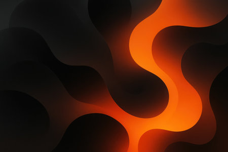 An abstract background showcasing a vibrant, sinuous stream of molten orange and fiery red liquid against a dark, shadowy backdrop. The fluid pattern suggests a dynamic flow of intense heat or energy, similar to flowing lava or magma. The glowing effect enhances the sense of warmth and movement, creating a powerful and captivating visual. This illustration is ideal for themes related to energy, intensity, volcanic activity, or dramatic digital designs.の素材