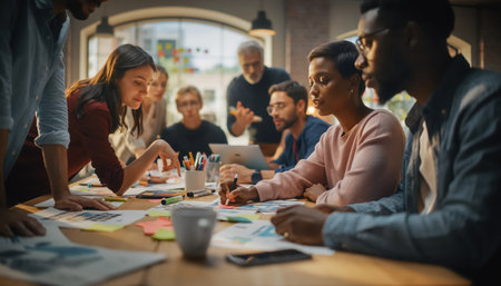 A diverse group of professionals actively collaborates around a large table in a modern office. They are engaged in brainstorming and discussion during a dynamic business meeting.の素材
