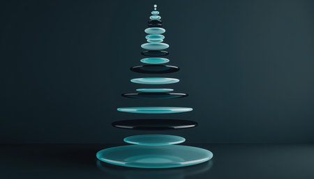 This sophisticated digital rendering presents an abstract structure composed of multiple stacked, transparent, and glowing teal discs, forming a stylized pyramid or cone. Each layer emits a vibrant, ethereal light against a dark, minimalist background, creating a sense of depth and progression. The precise arrangement and luminous elements suggest concepts of technological advancement, data visualization, scientific innovation, or a futuristic architectural design. The composition is clean, modern, and evokes ideas of interconnected systems, digital processing, and structured growth. It's an ideal visual for illustrating concepts related to artificial intelligence, information hierarchy, or advanced computing environments.の素材