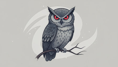 An intricately detailed illustration of a gray owl perched on a bare branch. The owl features intense, glowing red eyes and textured feathers. A subtle, swirling light gray shape is visible in the background, set against a solid neutral backdrop, evoking a sense of mystery and depth.の素材