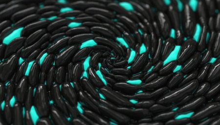 A captivating abstract design featuring numerous dark, elongated forms arranged in a tight spiral. Bright, glowing teal highlights emerge from within the swirling pattern, creating a vibrant contrast and dynamic visual effect.の素材