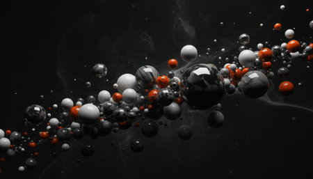 An abstract display featuring numerous orange, white, and gray spheres of varying sizes. The glossy, reflective orbs appear to swirl and float against a deep, dark background, creating a sense of dynamic movement and depth.の素材