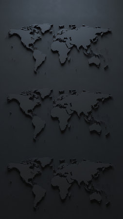 A monochromatic vertical composition featuring three subtly raised world maps against a dark textured background. Each map has a slight three-dimensional effect with soft shadows, creating a modern and minimalist representation of global connectivity and geography.の素材