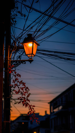 A vintage street lantern casts a warm glow against a vibrant blue and orange twilight sky. Overhead utility lines, subtle building silhouettes, and reddish foliage define the serene urban evening scene.の素材