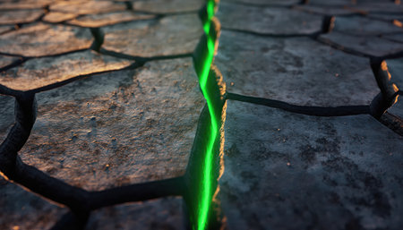 A vibrant green plant, possibly a sprout or a winding vine, pushes its way up through a landscape of severely cracked, parched brown earth. The ground displays a network of deep fissures, characteristic of drought conditions or a desert environment. The plant symbolizes life, persistence, and growth against adversity in a challenging environment.の素材
