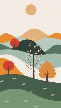 A minimalist vertical illustration depicting a serene natural landscape. Rolling hills in shades of green and orange create a gentle backdrop. Various trees are present, including some with vibrant red and orange autumn foliage, and one tree with delicate white blossoms, suggesting a blend of seasons or transitional beauty. A warm orange sun shines in the muted beige sky. Scattered brown leaves lie on the green ground, adding to the autumnal feel. The artwork features a clean, stylized aesthetic with earthy color palettes, perfect for backgrounds, digital art, or peaceful design elements.の素材