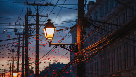 A detailed view of a vintage-style street lamp, its warm light casting a golden glow onto a building facade at dusk or night. The lamp is mounted on the side of an old building, featuring textured walls. In the background, numerous utility poles with a dense network of electrical wires stretch into the distance, suggesting a bustling urban environment. The sky is dark with hues of deep blue and purple, indicating the transition from day to night. Small, illuminated particles or bokeh effects are visible in the foreground and midground, adding an atmospheric and somewhat magical quality to the scene. Another lamp can be seen further down the street, contributing to the overall illumination. The composition emphasizes the interplay of light and shadow, creating a nostalgic and contemplative urban landscape.の素材