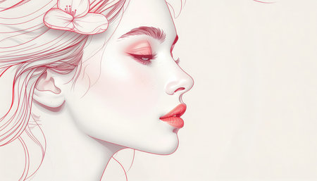 A close-up, artistic portrait of a woman's profile on a light background. Her eyes are closed, and her lips are softly pink. Tiny, sparkling pink particles appear to be dissolving or dissipating from her hair and the back of her head, creating a delicate, ethereal effect.の素材