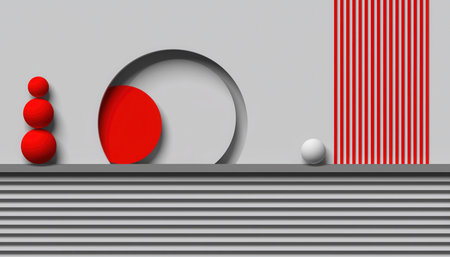 This visual features a minimalist arrangement of geometric shapes. Three red spheres are stacked on the left. A gray circular cutout reveals a red semicircle behind it. A single white sphere is positioned to the right, next to vertical red stripes. Horizontal gray lines form the base of the scene. The overall composition uses red, gray, and white colors.の素材