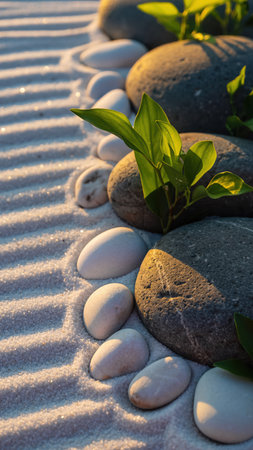 A vertical perspective of a tranquil zen garden. White raked sand forms parallel lines, creating textured shadows. Smooth, light and dark grey pebbles are arranged along the sand, with vibrant green sprouts emerging between some of the larger stones. The scene evokes a sense of peace, balance, and natural growth, suitable for wellness, meditation, or nature-themed concepts.の素材