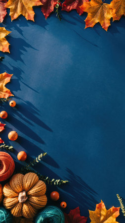 A vertical flat lay composition showcasing autumn elements on a deep blue textured surface. The top and bottom left edges are adorned with vibrant red, orange, and yellow maple leaves. Interspersed among the foliage are small, intricately knitted or crocheted pumpkins in warm hues of orange and teal, along with scattered red berries and delicate green twigs. The arrangement creates a decorative border, leaving ample clear space in the center, ideal for text or design elements. The shadows cast by the objects add depth, contributing to a cozy and inviting seasonal atmosphere. This scene evokes feelings of harvest, Thanksgiving, and the beauty of the fall season.の素材
