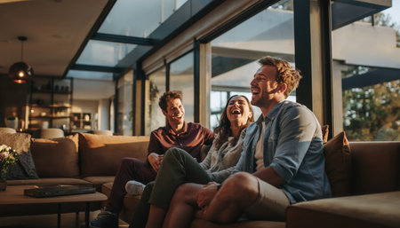Three adults, two men and one woman, are seated comfortably on a spacious, light brown sofa in a modern lounge. They are engaged in animated conversation, smiling and laughing, indicating a pleasant social interaction. Large windows behind them allow ample natural light into the tastefully decorated interior, which features contemporary furniture and a relaxed, inviting ambiance. This scene captures friendship, leisure, and communication in a stylish setting.の素材