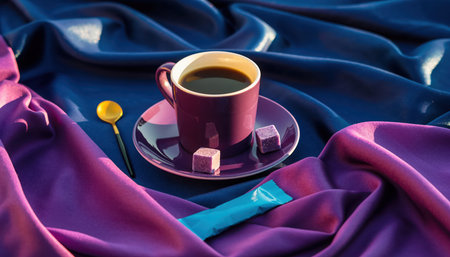 A stylish purple ceramic cup filled with dark coffee, accompanied by a matching saucer, two white sugar cubes, a shimmering golden spoon, and a blue sugar packet. All are elegantly arranged on a richly draped background of deep blue and vibrant purple fabric, creating a sophisticated still life.の素材