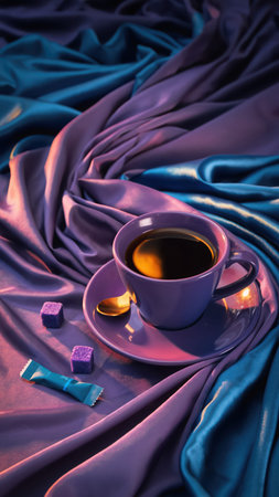 A vibrant purple cup brimming with a dark beverage sits on a matching saucer, accompanied by a golden spoon, two purple sugar cubes, and a sweetener packet. All are set amidst gracefully draped, shimmering satin fabric in deep purple and teal tones, creating an atmosphere of luxurious comfort and reflective tranquility.の素材