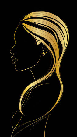 A striking profile silhouette of a woman, elegantly rendered with luxurious, shimmering golden hair against a dark, contrasting background. Her delicate features are outlined, complemented by a subtle earring, embodying glamour and sophisticated beauty.の素材