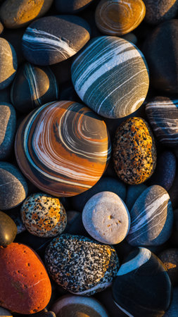 Close-up view of a vibrant assortment of smooth, damp pebbles filling the entire frame. The stones exhibit diverse shapes, sizes, and natural hues such as grays, browns, oranges, and whites, many featuring unique striped, swirled, or mottled patterns. Soft lighting illuminates the wet surfaces, emphasizing their polished appearance and natural variations. Ideal for backgrounds or showcasing natural elements.の素材