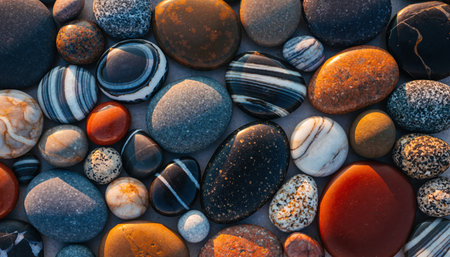 An overhead perspective showcasing a dense collection of naturally smoothed pebbles. The diverse array of stones features a spectrum of colors including earth tones, dark greys, reds, and patterned variations. Their polished surfaces reflect light, emphasizing the tactile and organic arrangement of this natural texture.の素材