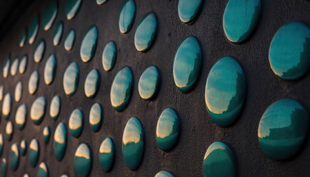 A close-up, angled view of a surface adorned with numerous glossy, teal-colored, droplet-like convex shapes. These reflective elements are set against a dark, textured background, creating a repeating pattern and a sense of depth. The light highlights the smooth, rounded forms.の素材