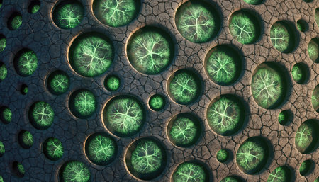 A close-up view of a dark, granular surface featuring numerous circular indentations. Within each depression, a vibrant, luminous green substance or light source is visible, creating a repetitive pattern of glowing dots. The overall composition is abstract, suggesting microscopic forms, scientific elements, or a futuristic design.の素材