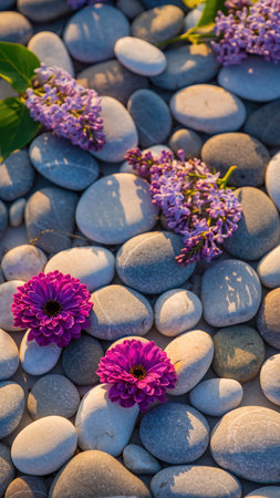 A close-up view of smooth, various-sized river pebbles in shades of grey, white, and brown, serving as a natural textured background. Several vibrant purple lilac flower clusters and bright pink/magenta blossoms are scattered amongst the stones, creating a serene and decorative composition. Sunlight highlights the textures and colors.の素材