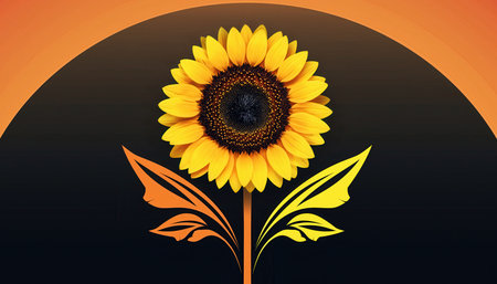 This graphic representation features a vibrant sunflower, prominently centered, with its bright yellow petals radiating around a dark seed head. The flower's stem extends downwards, adorned with two distinct leaves, each showcasing a gradient of warm, autumnal hues from orange to yellow. Behind the sunflower, a bold, dark semi-circular shape forms the immediate background, suggesting a silhouette or night sky. Above this dark shape, an arc of brilliant orange light emerges, strongly reminiscent of a rising or setting sun, casting a warm glow. The entire composition is illustrative, clean, and symbolic of natural beauty, growth, and the cycle of day.の素材
