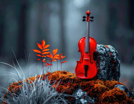 A striking red violin rests gently on a moss-covered rock, surrounded by vibrant orange autumn leaves. The setting is a mystical forest with blurred cool-toned trees in the background, creating a serene and magical atmosphere for this musical instrument.の素材