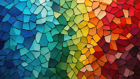 This vibrant abstract mosaic showcases a captivating spectrum of colors transitioning smoothly across the frame. Composed of numerous small, irregularly shaped tiles, the composition creates a dynamic textural pattern. Hues range from deep blues and teal on one side, progressing through lively greens, bright yellows, and warm oranges, culminating in rich reds and purples on the opposite side. The overall effect is a striking and modern backdrop, perfect for digital designs, creative projects, or artistic illustrations seeking a colorful and energetic visual element. The subtle variations within each color block add depth and visual interest to this compelling artistic display.の素材
